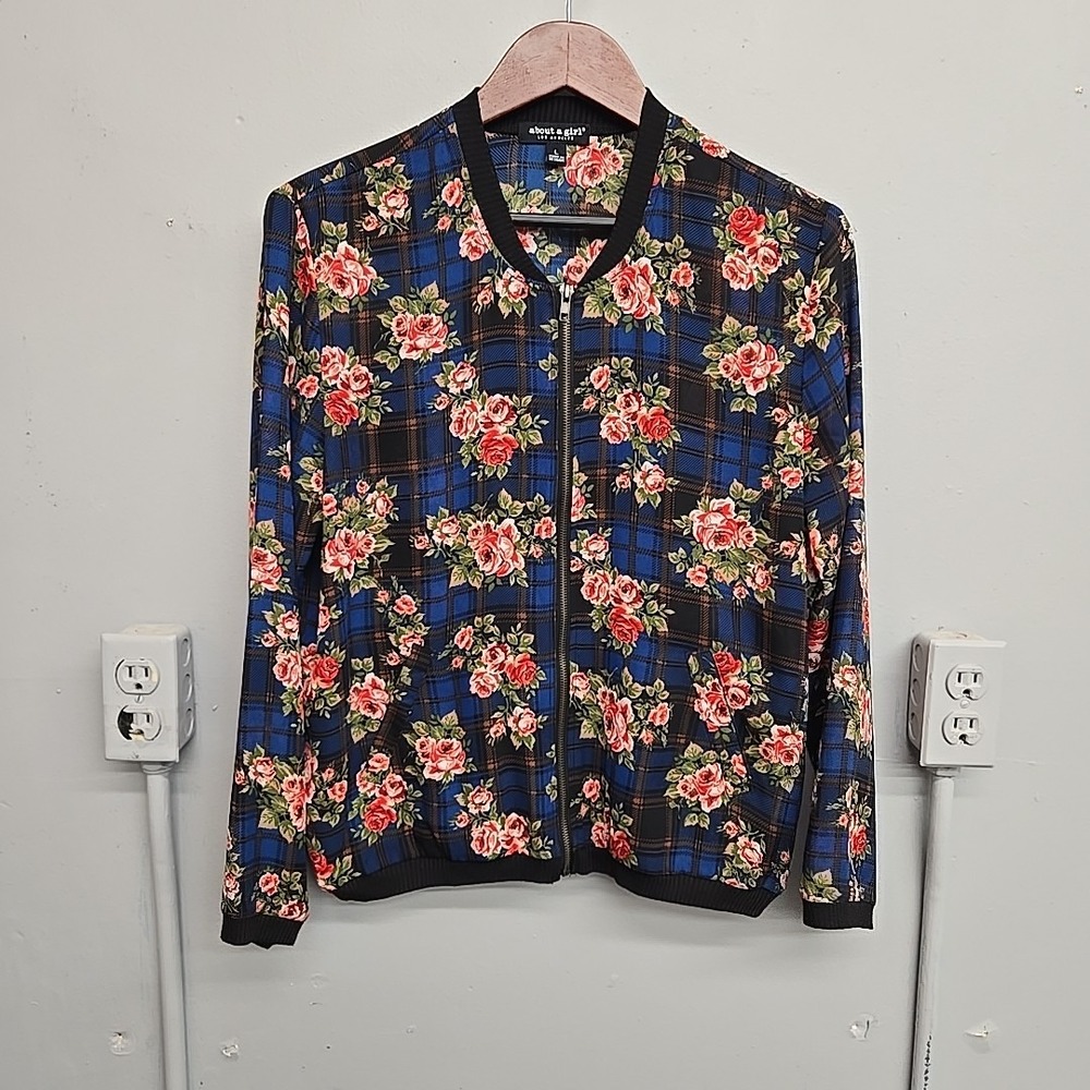 About a Girl Floral Bomber Jacket Plaid Print Lightweight Coat Size L